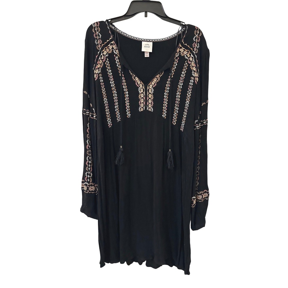Knox Rose Black Embroidered Boho Tunic Dress XXL Long Sleeve Tassel Festival